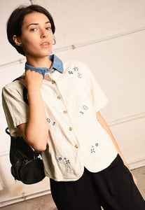 90's retro embroidered Paris chic festival blouse top