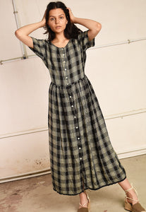 90's retro tartan checked Paris chic minimalist midi dress