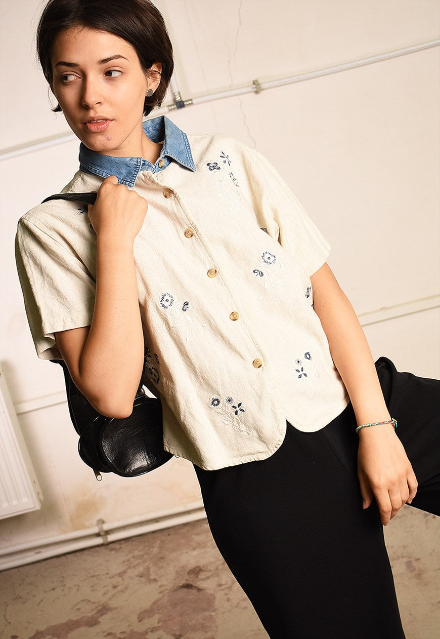 90's retro embroidered Paris chic festival blouse top